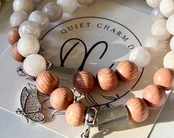Crazy Lace Agate Bracelet: Rosewood, Moonstone & Butterfly Charm