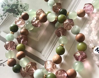 Jade & Aventurine Gemstone Bracelet: Rosewood, Rosaline Glass Beads