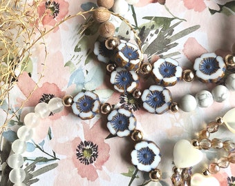 Floral Gemstone Bracelet: Czech Glass Flower, Howlite, Selenite and Rosewood