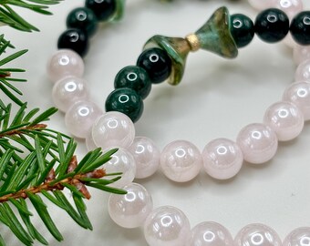 Festive Gemstone Bracelet: Rose Quartz, Mocui Jade and Czech Glass