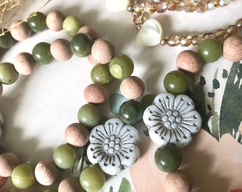 Jade and Rosewood Bracelet: Summer Blooms, Czech Glass Flower, Gold Filled Spacer