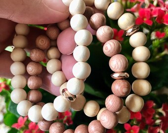 Handmade Wooden Diffuser Bracelets: Rosewood, Beige and Cream Wood, Hematite
