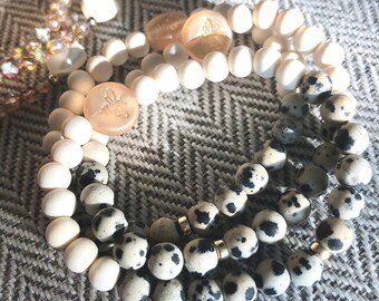 Bee Kind Bracelet: Dalmatian Jasper, White Wood, Gold Bee Coin