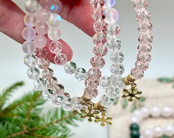 Snowflake Charm Bracelet: Rose Quartz, Mermaid and Pink Glass, Brass Charm