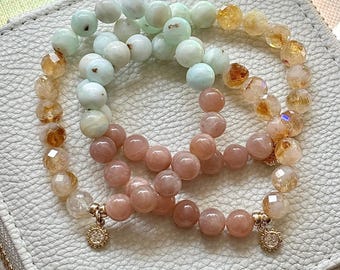 Aragonite Gemstone Bracelet: Peach Moonstone, Citrine, Driftwood and Brass Charm