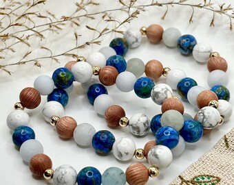 Aquamarine Gemstone Bracelet: Gold Filled, Howlite, Azurite, Rosewood
