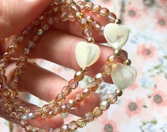Pearl Heart Bracelet: Czech Glass Beads, Gold Filled, Dainty Handmade Bracelet