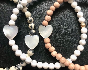 Handmade Gemstone Bracelet: Mother of Pearl, Howlite, Jasper & Rosewood