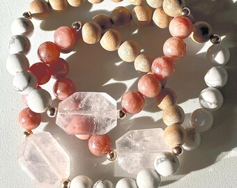 Pink Lace Bracelet: Sunstone, Howlite & Quartz Gemstone - Gold Filled