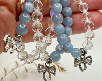 Something Blue Bracelet: Angelite, Quartz, Mermaid Glass, Bow Charm