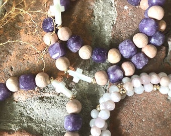Handmade Lepidolite Bracelet Set: Kunzite, Mother of Pearl Cross
