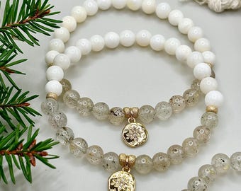 Gold Quartz Mica Biotite Bracelet: Mother of Pearl & Brass Star Charm