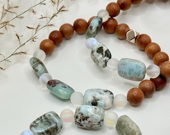 Larimar Prism Bracelet: Mermaid Glass, Sandalwood, Hematite, Handmade