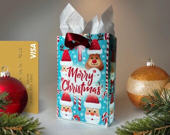 May include: A blue and white gift bag with a red ribbon and a Christmas theme. The bag features a reindeer, Santa Claus, and candy canes. The text "Merry Christmas" is printed on the bag.