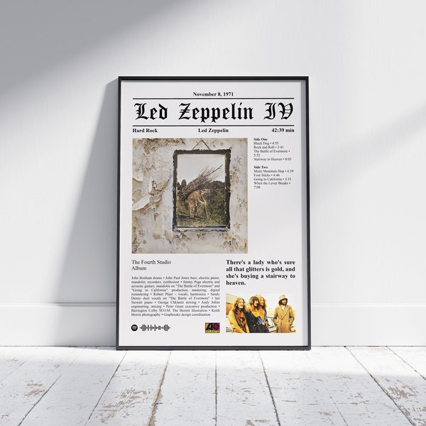 Album Music Poster Newspaper Style Led Zeppelin IV, Led Zeppelin, Frame Wall Art,