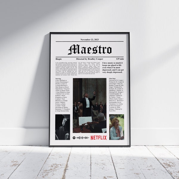 Film Movie Poster Newspaper Style Maestro, Bradley Cooper, Frame Wall Art,