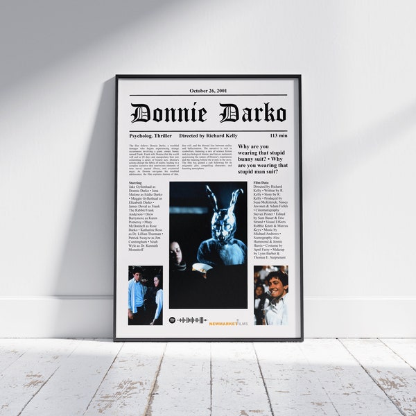 Film Movie Poster Newspaper Style Donnie Darko, Richard Kelly, Frame Wall Art,