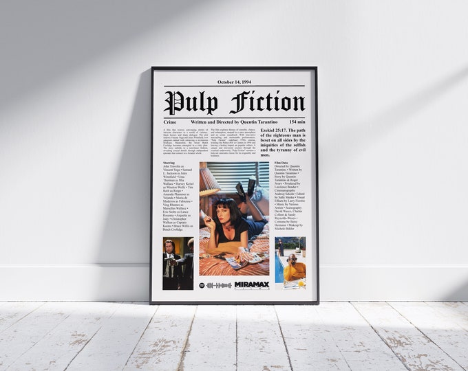 Film Movie Poster Newspaper Style Pulp Fiction, Quentin Tarantino, Frame Wall Art,