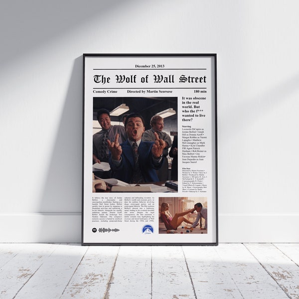 Film Movie Poster Newspaper Style The Wolf of Wall Street, Martin Scorsese, Frame Wall Art,