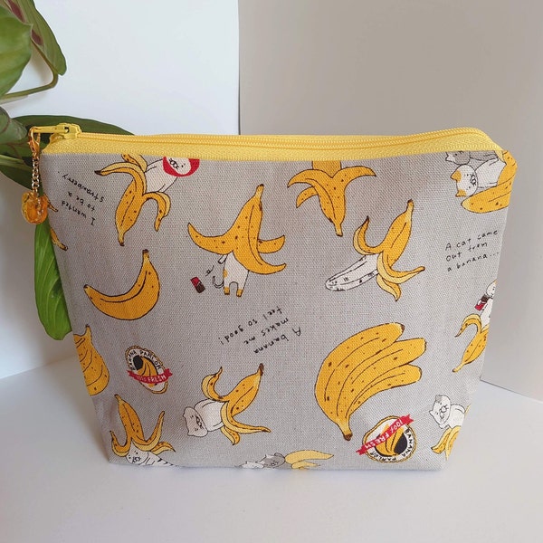 Banana Cat bag - Japanese Linen Cotton Print Zip Pouch | Handbag Organiser | Travel Pouch | Cosmetic bag | Makeup Bag | Handmade