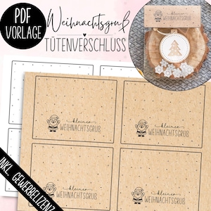 May include: A printable PDF sheet featuring four rectangular bag topper labels on light brown paper with a black dotted pattern, a Santa Claus illustration, and the text "kleiner WEIHNACHTSGRUB". A circular wooden ornament with a tree design is shown.