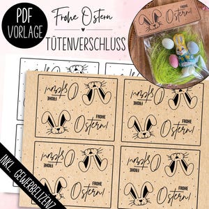 Könnte beinhalten: Ein Bogen Kraftpapier mit schwarzen Osterhasen-Designs und den Worten "Frohe Ostern". Ein kleiner Beutel mit Osterleckereien befindet sich oben rechts. Die Worte "PDF Vorlage" stehen oben links.