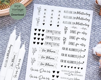 May include: A sheet of printable stickers with various designs for Mother's Day. The stickers feature phrases like "Alles Liebe zum Muttertag" (German for "All the love for Mother's Day"), "Danke für alles" (German for "Thank you for everything"), and "Ich hab Dich lieb" (German for "I love you").
