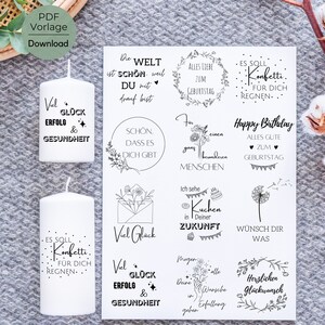 Könnte beinhalten: Ein Set mit 10 schwarzen und weißen bedruckbaren Kerzenaufklebern mit verschiedenen Sprüchen. Die Aufkleber zeigen verschiedene Designs, darunter Blumen, Herzen und Sterne. Die Sprüche beinhalten "Happy Birthday", "Viel Glück", "Es soll Konfetti für dich regnen" und "Alles Liebe zum Geburtstag".