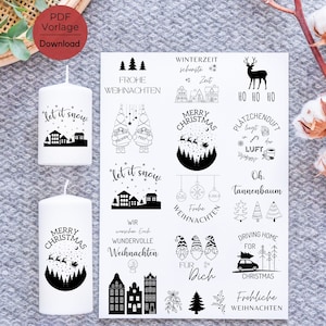 Christmas candle tattoo PDF template candle stickers candle design pillar candle Let it snow winter time Merry Christmas block candle