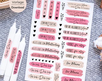 Plantilla PDF para el Día de la Madre, tatuaje de vela colorida, pegatina de vela rosa para la mejor mamá, archivo de vela para la mamá favorita, te amo, gracias, idea de regalo de corazones