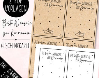 Puede incluir: Dos plantillas de tarjetas de regalo imprimibles con un diseño de barco de papel y el texto "DIE besten WÜNSCHE ZUR Kommunion" en negro sobre un fondo marrón.