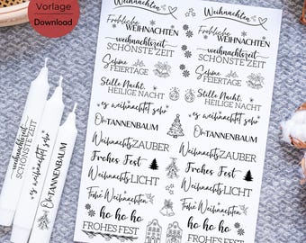 May include: A sheet of black and white Christmas stickers with various festive phrases and images, including a Christmas tree, ornaments, bells, and the words "Frohe Weihnachten", "Weihnachtszeit", "Stille Nacht", "es weihnachtet sehr", "Tannenbaum", "Weihnachtszauber", "Frohes Fest", "Weihnachtslicht", and "ho ho ho".