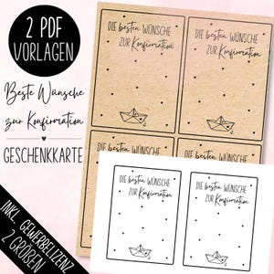 May include: Kraft paper gift cards with the text "Die besten Wünsche zur Konfirmation" and a paper boat illustration. The cards are decorated with small heart shapes. The image also includes the text "2 PDF Vorlagen" and "GESCHENKKARTE".