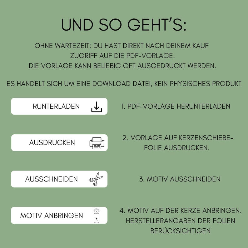 Anleitung der Frohe Weihnachten Kerzendatei als PDF Vorlage in Form eines digitalen Downloads zum Gestalten von Kerzen mit Wasserschiebefolie