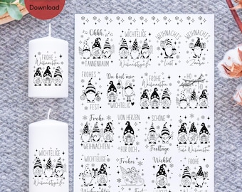 Christmas gnomes PDF template candle tattoo pillar candles candle stickers Merry Christmas candle file design Happy Holidays Christmas gnomes