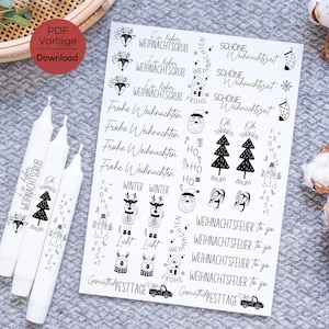 Christmas PDF template candle tattoo candle sticker Santa Claus reindeer Merry Christmas candle file design Happy Holidays Oh Christmas Tree