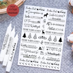 Könnte beinhalten: Ein Bogen mit schwarzen und weißen Weihnachtsaufklebern mit verschiedenen festlichen Designs und Sprüchen, darunter "Frohes Fest", "Schneeflöckchen", "Liebe & Zimtsterne", "Oh Tannenbaum", "Winterzeit", "Frohe Weihnachten", "Lichter Glanz", "Besinnliche Weihnachtszeit", "Advent Licht", "Winter Wonderland", "Zeit für Gemütlichkeit", "Weihnachtsfest", "Weihnachtsgrüße", "Magische Weihnachtszeit".