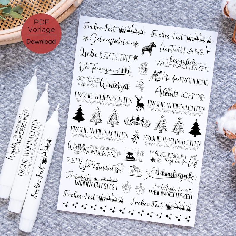 Weihnachten PDF Vorlage Kerzentattoo zum Gestalten von Kerzen mit Wasserschiebefolie mit Motiven wie Oh Tannenbaum Frohes Fest Weihnachtsgrüße