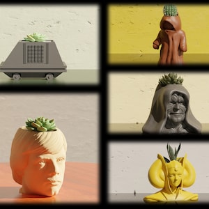 May include: Four different ceramic planters, each featuring a unique character from Star Wars. The planters are painted in various colors, including brown, gray, yellow, and orange. Each planter has a small succulent plant growing inside.