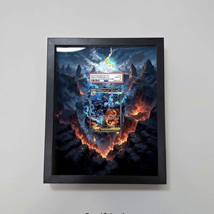 May include: A framed collectible card with a fantasy landscape background. The black frame holds the card, which features a colorful illustration of a creature and text. The frame measures 8 x 10 inches.