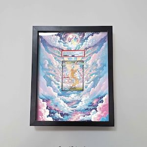 May include: A framed Pokémon trading card, 8 x 10 inches, featuring a colorful illustration of a dragon-like creature. The card is set against a backdrop of a vibrant, cloud-filled sky, framed in a black border.