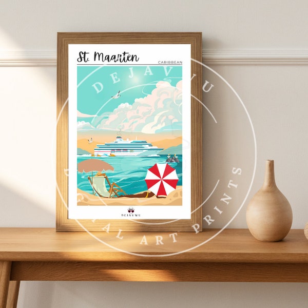 Travel poster print of Sint Maaarten, cruise ship, beach, island wall art decor, & unique gift idea for travelers.
