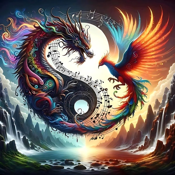 Musical Dragon and Phoenix Yin and Yang Art Download, Instant Downloadable Wallpaper, Digital Download Poster, Digital Art, Fantasy Art