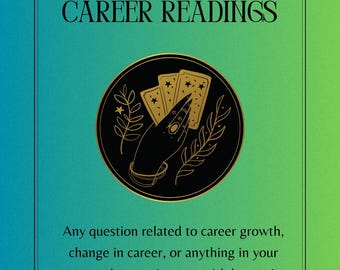 Puede incluir: Una ilustración en negro y dorado de una mano sosteniendo cartas de tarot sobre un fondo degradado verde y azul. El texto "CAREER READINGS" está en la parte superior de la imagen. El texto debajo de la imagen dice "Any question related to career growth, change in career, or anything in your personal career journey with longer in depth explanation."