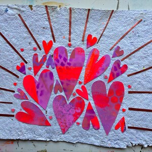 Handmade Paper - Painted Paper Collaged Hearts Original Artwork A4