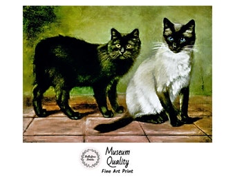 Frances Simpson: Black Manx and Royal Siamese Cats, Vintage portrait of two cats, Fine art print on museum quality paper