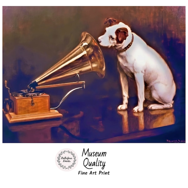 Francis James Barraud: His Master's Voice, Vintage painting of a dog listening to a gramophone, Fine art print on museum quality paper