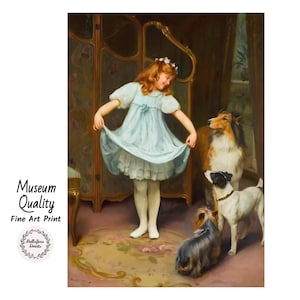 Arthur John Elsley: The New Dress (1912), Vintage Fine Art Print of Young Girl and Her Dogs, Fine art print