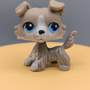 May include: A tan and white dog figurine with large blue eyes. The toy dog has floppy ears and a small tail. The figurine is standing on a yellow surface with a grey background. The dog is a collectible toy.