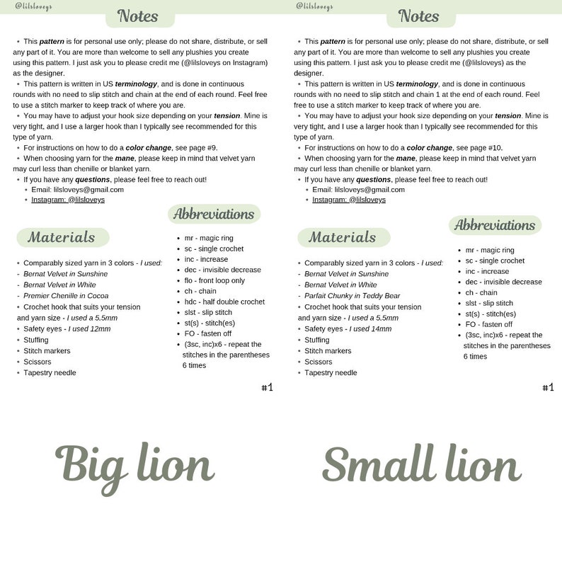 Lion Pattern Bundle - 2 Low Sew Crochet Patterns / Amigurumi PDF Files ...